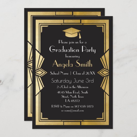 Graduation Party Einladung Art Deco Gatsby Gold 19 (Vorne/Hinten)