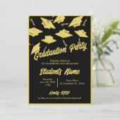 Graduation Party Foto Black and Gold Mortarboard Einladung (Stehend Vorderseite)
