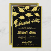 Graduation Party Foto Black and Gold Mortarboard Einladung (Vorne/Hinten)