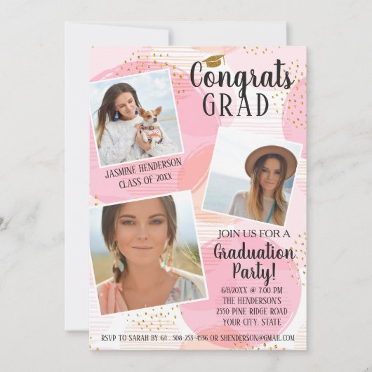 Graduation Party Foto Collage Blush Pink Gold Dot Einladung (Vorderseite)