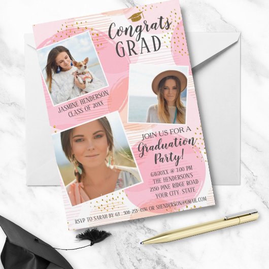 Graduation Party Foto Collage Blush Pink Gold Dot Einladung