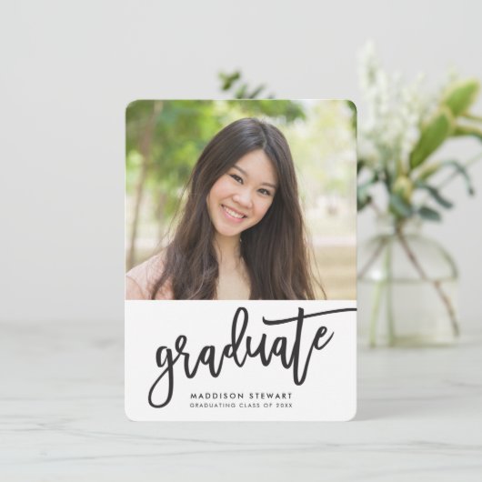 GRADUATION PARTY Foto, einfach kalligraphisch, sch Dankeskarte (Stehend Vorderseite)