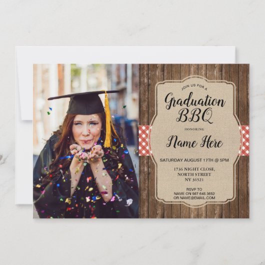 Graduation Party Foto Red Gingham GRILLEN Burlap G Einladung (Vorderseite)