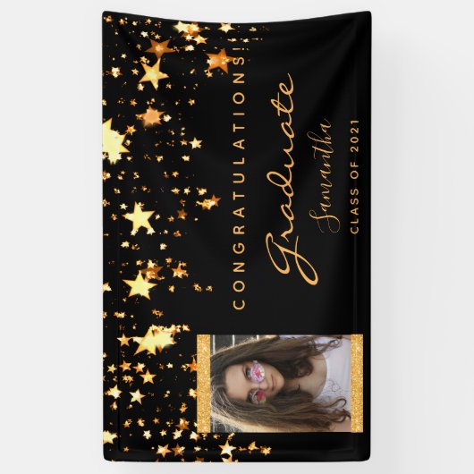 Graduation Party Foto schwarze goldene Sterne 2025 Banner (Vertikal)