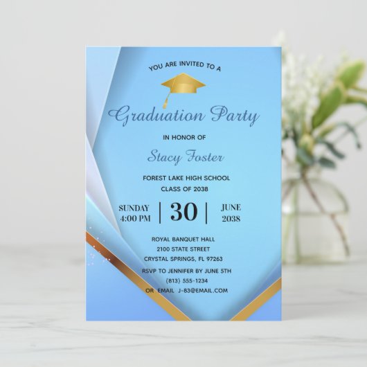 Graduation Party Gold auf Blue Layers Formal Einladung (Stehend Vorderseite)