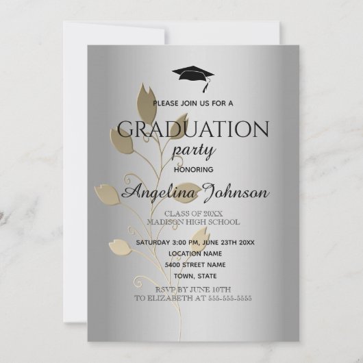 Graduation Party Gold und Silber Elegant Einladung (Vorderseite)