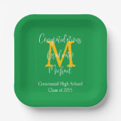 Graduation Party Green Gold White Name Monogram Pappteller (Vorderseite)