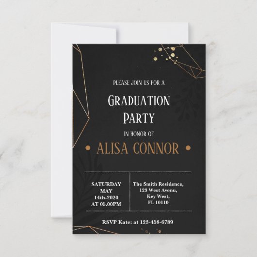 Graduation Party Invintation Black and Gold RSVP Karte (Vorderseite)