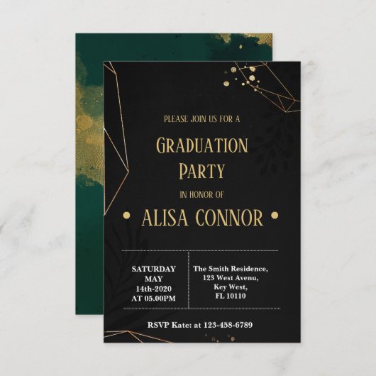 Graduation Party Invintation Black and Gold RSVP Karte (Vorne/Hinten)