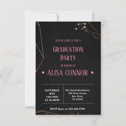 Graduation Party Invintation Black and Pink RSVP Karte (Vorderseite)