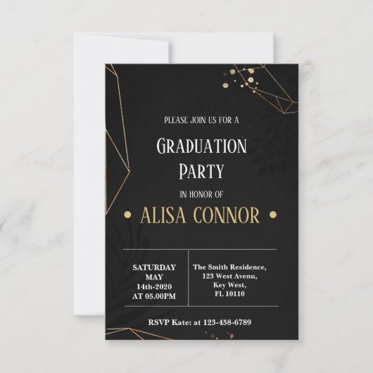 Graduation Party Invintation Black Gold Rose RSVP Karte (Vorderseite)