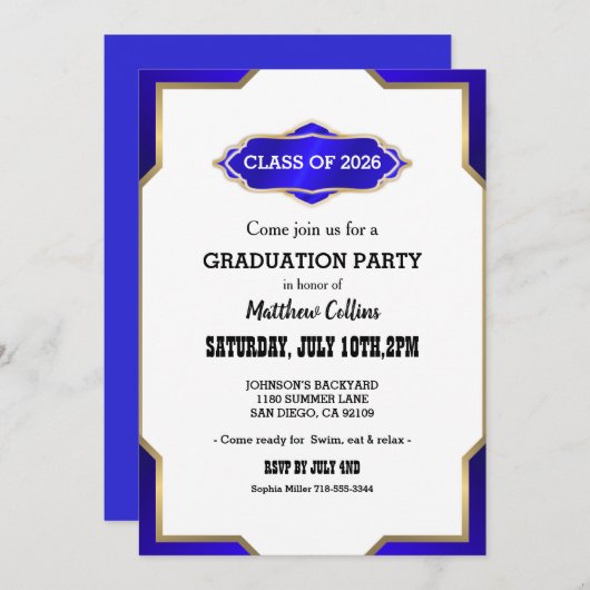 Graduation Party Invitation blue Retro Inspired  Einladung (Vorne/Hinten)