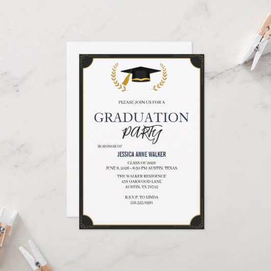 Graduation Party Invitation Elegant Blue Editable Einladung (Vorderseite/Rückseite Beispiel)