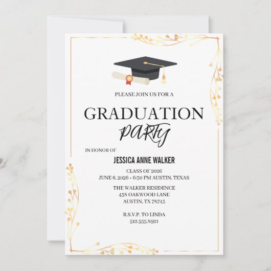 Graduation Party Invitation Elegant Gold Editable Einladung (Vorderseite)