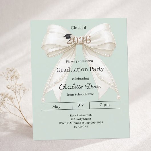 Graduation party ivory bow green 2026 invitation