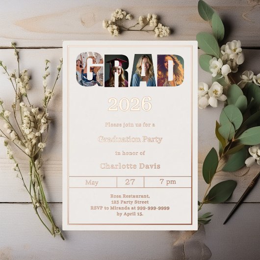 Graduation party ivory rose gold grad photo luxury folieneinladung