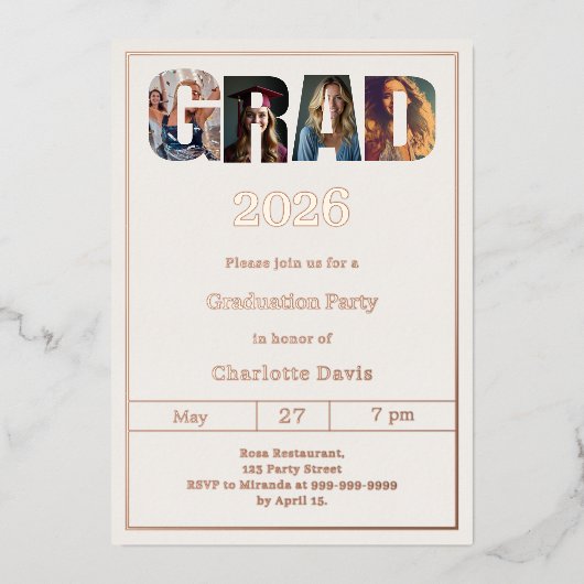 Graduation party ivory rose gold grad photo luxury folieneinladung (Vorderseite)
