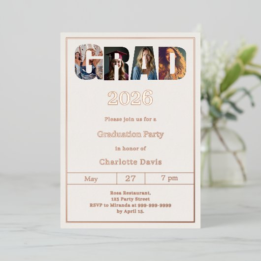 Graduation party ivory rose gold grad photo luxury folieneinladung (Stehend vorne)