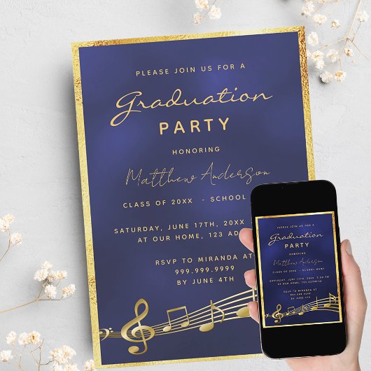 Graduation Party Marine blaue Musik Gold 2025 Einladung