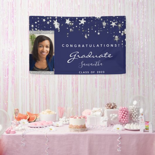 Graduation Party Marine Blue White Stars Foto 2023 Banner (Party)