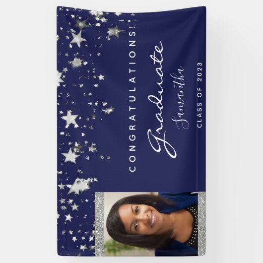 Graduation Party Marine Blue White Stars Foto 2023 Banner (Vertikal)
