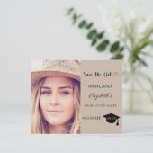 Graduation Party mocha beige Save the Date card (Stehend Vorderseite)