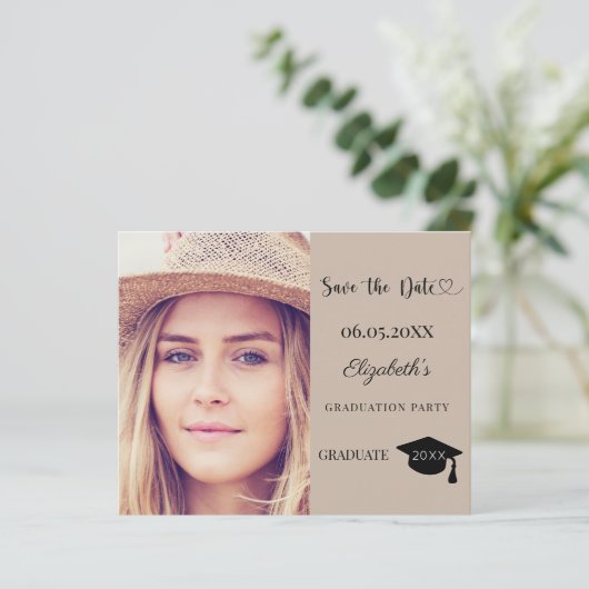 Graduation Party mocha beige Save the Date card (Stehend Vorderseite)