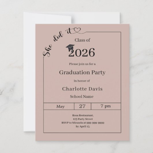 Graduation party mocha She did it invitation (Vorderseite)