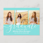 Graduation Party Modern Script Teal Blue 3 Photo Einladungspostkarte (Vorderseite)