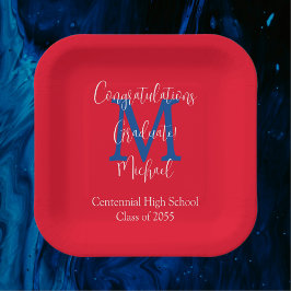 Graduation Party Red White Blue Name Monogram Pappteller