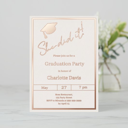 Graduation party rose gold luxury She did it Folieneinladung (Stehend vorne)