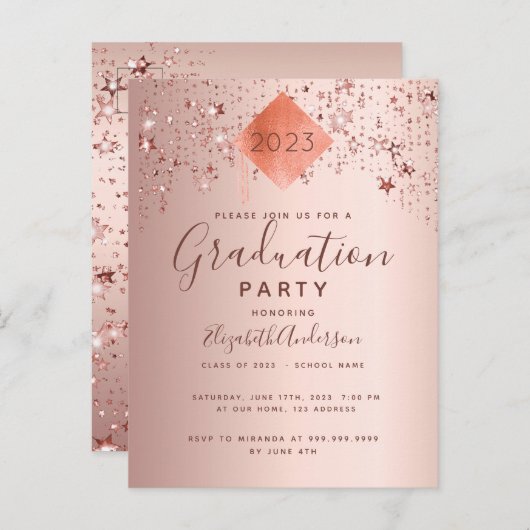 Graduation Party Rose Gold Topper Stars 2025 Postkarte (Vorne/Hinten)