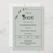 Graduation party sage green She did it Einladung (Vorderseite)