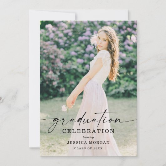 Graduation Party Script mit Foto Greenery Einladung (Vorderseite)