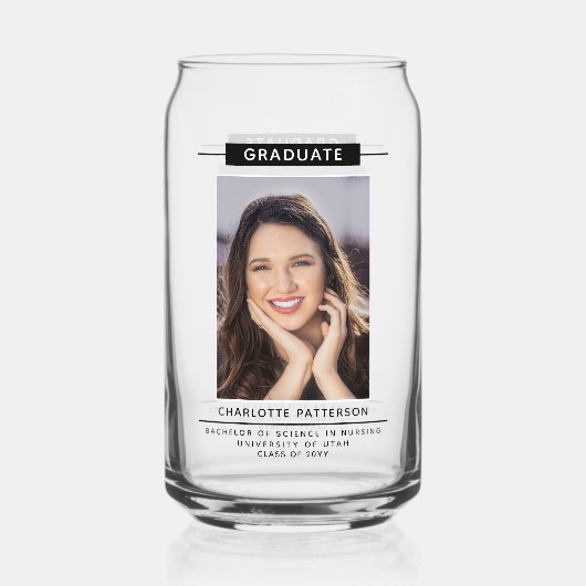 Graduation Party Simple Modern Script Foto Black Dosenglas (Vorderseite)