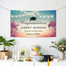 Graduation Party String Lights Summer Palm Trees Banner