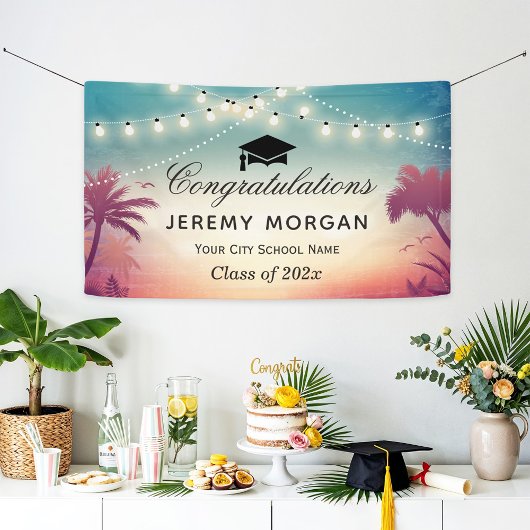 Graduation Party String Lights Summer Palm Trees Banner