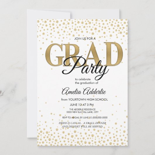 Graduation Party White Black Gold Glitzer Foto Einladung (Vorderseite)