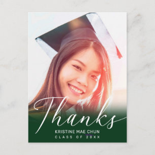 Graduation Photo Modern Script Green Thank You Postkarte