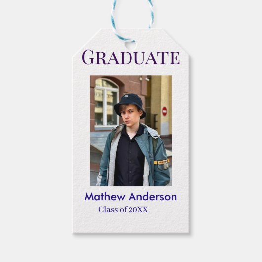 Graduation photo name class of 20XX blue simple bo Geschenkanhänger (Vorderseite)