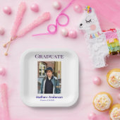 Graduation photo name class of 20XX blue simple bo Pappteller (Party)