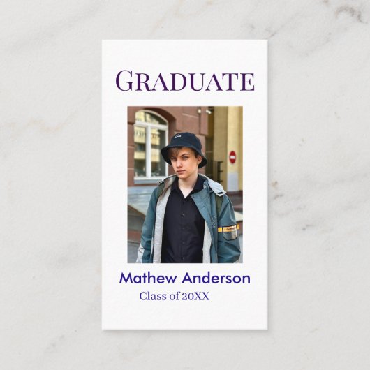 Graduation photo name class of 20XX blue simple bo Visitenkarte (Vorderseite)