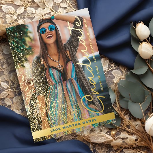 Graduation Real Golden Chic Fancy Romantic Photo  Folieneinladung