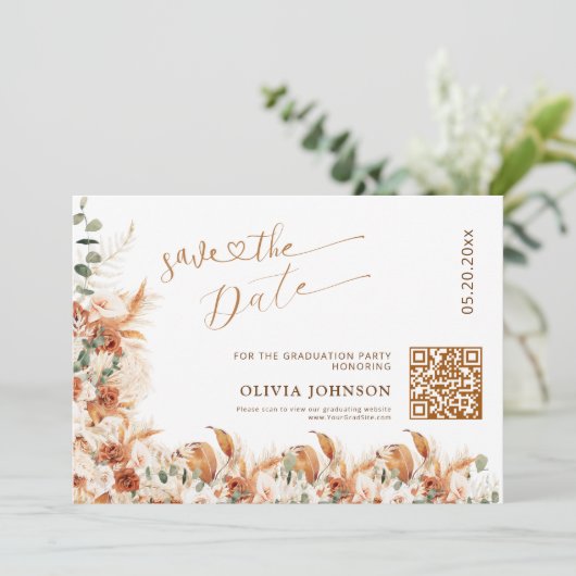 Graduation Save the Date QR Code | Boho Pampass (Stehend Vorderseite)