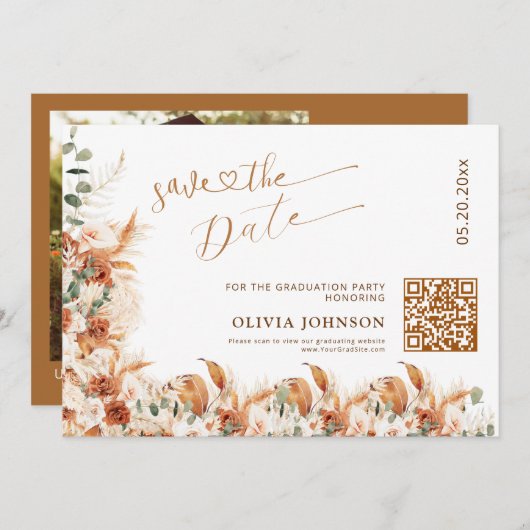 Graduation Save the Date QR Code | Boho Pampass (Vorne/Hinten)