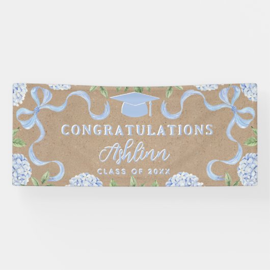Graduation Sign, Kraft Colored Blue Hydrangea Banner (Horizontal)