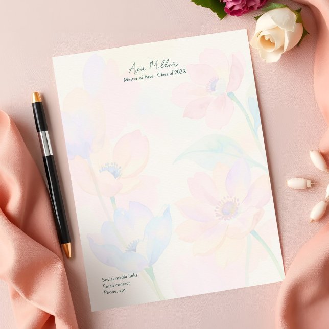 Graduation Thank You Chic Watercolor Floral Script Briefbogen (Soft pastel watercolor floral letterhead personalized for chic graduation thank you notes)