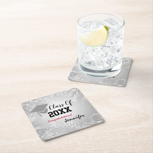 Graduationskap, Class Year 20XX Party Silver Rechteckiger Pappuntersetzer (Vor Ort)