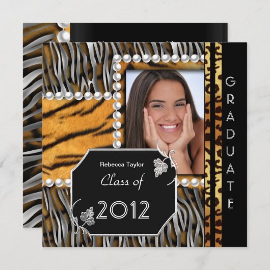 Graduationspartei Grad Black Silver Leopard Einladung (Vorne/Hinten)
