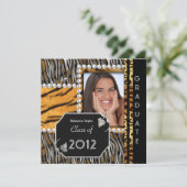 Graduationspartei Grad Black Silver Leopard Einladung (Stehend Vorderseite)